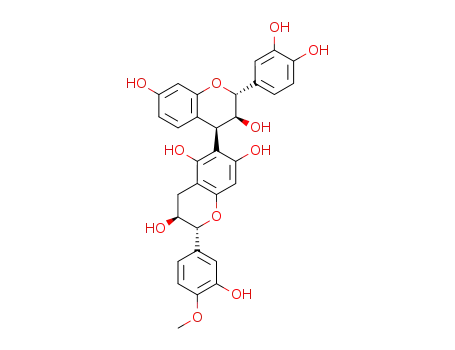 Molecular Structure of 118964-25-3 ((2R,3S,4R,2'R,3'S)-2-(3,4-Dihydroxy-phenyl)-2'-(3-hydroxy-4-methoxy-phenyl)-3,4,3',4'-tetrahydro-2H,2'H-[4,6']bichromenyl-3,7,3',5',7'-pentaol)