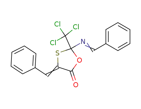 Molecular Structure of 139765-67-6 (1,3-Oxathiolan-5-one,
4-(phenylmethylene)-2-[(phenylmethylene)amino]-2-(trichloromethyl)-)