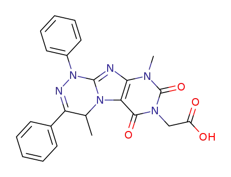 Molecular Structure of 105774-58-1 ((4,9-dimethyl-6,8-dioxo-1,3-diphenyl-1,6,8,9-tetrahydro[1,2,4]triazino[3,4-f]purin-7(4H)-yl)acetic acid)