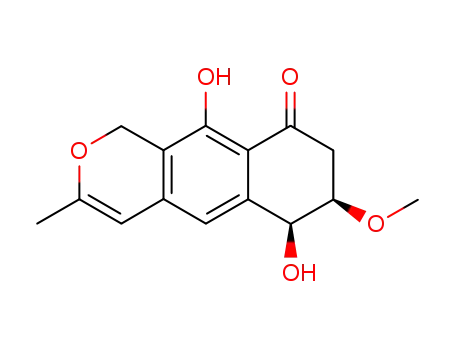 Molecular Structure of 129596-78-7 (9H-Naphtho[2,3-c]pyran-9-one,1,6,7,8-tetrahydro-6,10-dihydroxy-7-methoxy-3-methyl-, (6S,7R)-)