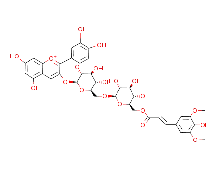 Molecular Structure of 138688-63-8 (1-Benzopyrylium,2-(3,4-dihydroxyphenyl)-5,7-dihydroxy-3-[[6-O-[6-O-[(2E)-3-(4-hydroxy-3,5-dimethoxyphenyl)-1-oxo-2-propenyl]-b-D-glucopyranosyl]-b-D-glucopyranosyl]oxy]- (9CI))