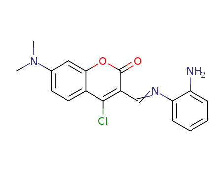 Molecular Structure of 136806-15-0 (2H-1-Benzopyran-2-one,
3-[[(2-aminophenyl)imino]methyl]-4-chloro-7-(dimethylamino)-)