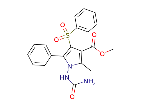Molecular Structure of 111947-97-8 (1H-Pyrrole-3-carboxylic acid,
1-[(aminocarbonyl)amino]-2-methyl-5-phenyl-4-(phenylsulfonyl)-, methyl
ester)
