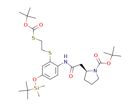 Molecular Structure of 175442-65-6 ((S)-2-{[2-(2-tert-Butoxycarbonylsulfanyl-ethylsulfanyl)-4-(tert-butyl-dimethyl-silanyloxy)-phenylcarbamoyl]-methyl}-pyrrolidine-1-carboxylic acid tert-butyl ester)