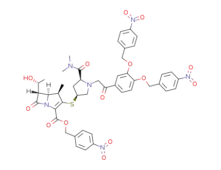 Molecular Structure of 141818-53-3 ((4R,5S,6S)-3-((3S,5S)-1-{2-[3,4-Bis-(4-nitro-benzyloxy)-phenyl]-2-oxo-ethyl}-5-dimethylcarbamoyl-pyrrolidin-3-ylsulfanyl)-6-((R)-1-hydroxy-ethyl)-4-methyl-7-oxo-1-aza-bicyclo[3.2.0]hept-2-ene-2-carboxylic acid 4-nitro-benzyl ester)