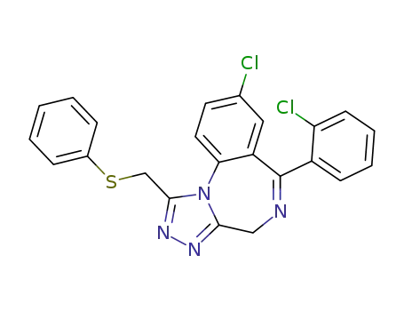 Molecular Structure of 85677-81-2 (4H-(1,2,4)Triazolo(4,3-a)(1,4)benzodiazepine, 8-chloro-6-(2-chlorophen yl)-1-((phenylthio)methyl)-)