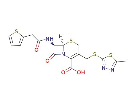Molecular Structure of 26970-95-6 (7β-(thiophen-2-acetamido)-3-<(2-methyl-1,3,4-thiadiazol-5-yl)thiomethyl>-ceph-3-em-4-carboxylic acid)