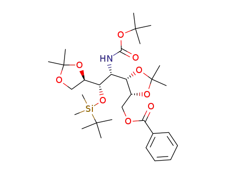 Molecular Structure of 176723-00-5 (Benzoic acid (4R,5S)-5-[(1R,2S)-1-tert-butoxycarbonylamino-2-(tert-butyl-dimethyl-silanyloxy)-2-((R)-2,2-dimethyl-[1,3]dioxolan-4-yl)-ethyl]-2,2-dimethyl-[1,3]dioxolan-4-ylmethyl ester)