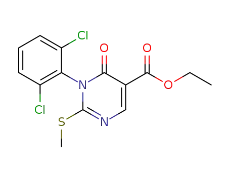 Molecular Structure of 82636-21-3 (ethyl 1-(2,6-dichlorophenyl)-2-methylsulfanyl-6-oxo-pyrimidine-5-carbo xylate)