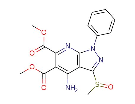 Molecular Structure of 173260-17-8 (1H-Pyrazolo[3,4-b]pyridine-5,6-dicarboxylic acid,
4-amino-3-(methylsulfinyl)-1-phenyl-, dimethyl ester)