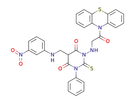Molecular Structure of 141177-55-1 (5-{[(3-nitrophenyl)amino]methyl}-1-{[2-oxo-2-(10H-phenothiazin-10-yl)ethyl]amino}-3-phenyl-2-thioxodihydropyrimidine-4,6(1H,5H)-dione)