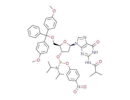Diisopropyl-phosphoramidous acid (2R,3S,5R)-2-[bis-(4-methoxy-phenyl)-phenyl-methoxymethyl]-5-(2-isobutyrylamino-6-oxo-1,6-dihydro-purin-9-yl)-tetrahydro-furan-3-yl ester 4-nitro-phenyl ester