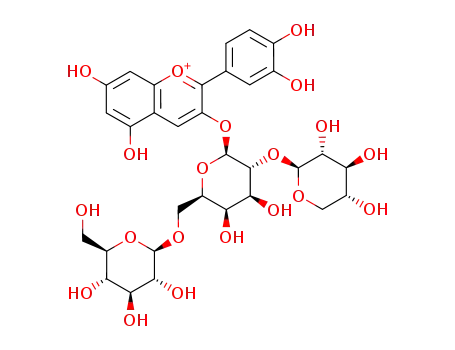 Molecular Structure of 142561-98-6 (cyanidin 3-β-D-glucopyranosyl-(1→6)-[3-β-D-xylopyranosyl-(1→2)]-β-D-galactopyranoside)