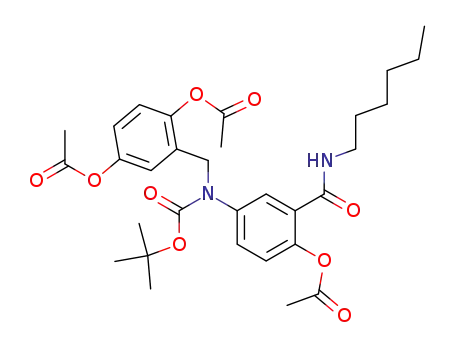 Molecular Structure of 188292-96-8 (Acetic acid 4-acetoxy-2-{[(4-acetoxy-3-hexylcarbamoyl-phenyl)-tert-butoxycarbonyl-amino]-methyl}-phenyl ester)