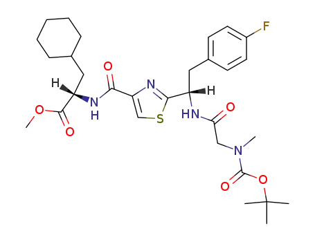 Molecular Structure of 212756-40-6 ((S)-2-({2-[(S)-1-[2-(tert-Butoxycarbonyl-methyl-amino)-acetylamino]-2-(4-fluoro-phenyl)-ethyl]-thiazole-4-carbonyl}-amino)-3-cyclohexyl-propionic acid methyl ester)