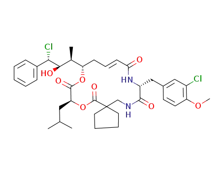 Molecular Structure of 223764-01-0 ((E)-(8S,11S,17R)-11-((1R,2R,3S)-3-Chloro-2-hydroxy-1-methyl-3-phenyl-propyl)-17-(3-chloro-4-methoxy-benzyl)-8-isobutyl-7,10-dioxa-16,19-diaza-spiro[4.15]icos-13-ene-6,9,15,18-tetraone)
