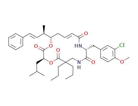 Molecular Structure of 223763-95-9 ((E)-(3S,10R,16S)-10-(3-Chloro-4-methoxy-benzyl)-3-isobutyl-16-((E)-(R)-1-methyl-3-phenyl-allyl)-6,6-dipropyl-1,4-dioxa-8,11-diaza-cyclohexadec-13-ene-2,5,9,12-tetraone)