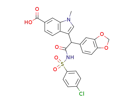 Molecular Structure of 199589-48-5 (3-[1-benzo[1,3]dioxol-5-yl-2-(4-chloro-benzenesulfonylamino)-2-oxo-ethyl]-1-methyl-1<i>H</i>-indole-6-carboxylic acid)