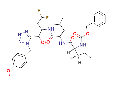 Molecular Structure of 438202-67-6 ({(1S,2S)-1-[(S)-1-(3,3-Difluoro-1-{hydroxy-[1-(4-methoxy-benzyl)-1H-tetrazol-5-yl]-methyl}-propylcarbamoyl)-3-methyl-butylcarbamoyl]-2-methyl-butyl}-carbamic acid benzyl ester)
