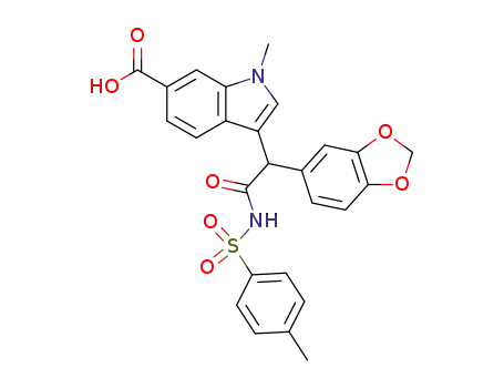 Molecular Structure of 199589-52-1 (3-[1-benzo[1,3]dioxol-5-yl-2-oxo-2-(toluene-4-sulfonylamino)-ethyl]-1-methyl-1<i>H</i>-indole-6-carboxylic acid)