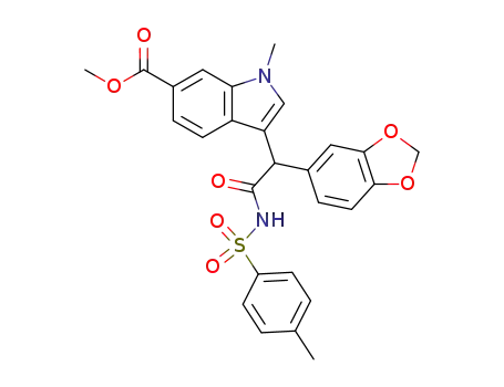 Molecular Structure of 199589-45-2 (3-[1-benzo[1,3]dioxol-5-yl-2-oxo-2-(toluene-4-sulfonylamino)-ethyl]-1-methyl-1<i>H</i>-indole-6-carboxylic acid methyl ester)