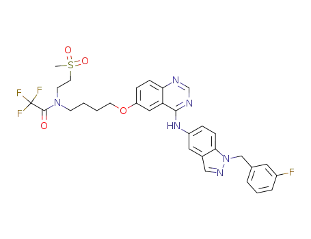 Molecular Structure of 230955-73-4 (2,2,2-trifluoro-<i>N</i>-(4-{4-[1-(3-fluoro-benzyl)-1<i>H</i>-indazol-5-ylamino]-quinazolin-6-yloxy}-butyl)-<i>N</i>-(2-methanesulfonyl-ethyl)-acetamide)