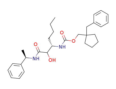 Molecular Structure of 568591-12-8 (Carbamic acid,
[(1S)-1-[1-hydroxy-2-oxo-2-[[(1R)-1-phenylethyl]amino]ethyl]pentyl]-,
[1-(phenylmethyl)cyclopentyl]methyl ester)