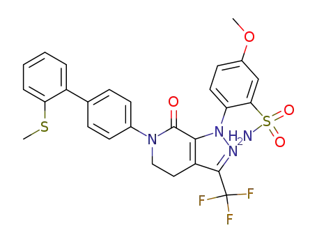 Molecular Structure of 885021-97-6 (5-methoxy-2-[6-(2'-methylsulfanyl-biphenyl-4-yl)-7-oxo-3-trifluoromethyl-4,5,6,7-tetrahydro-pyrazolo[3,4-<i>c</i>]pyridin-1-yl]-benzenesulfonamide)