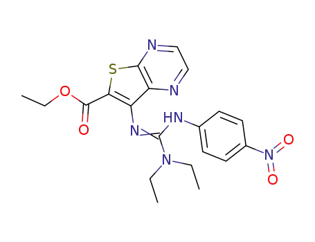 Molecular Structure of 916898-75-4 (Thieno[2,3-b]pyrazine-6-carboxylic acid,
7-[[(diethylamino)[(4-nitrophenyl)amino]methylene]amino]-, ethyl ester)
