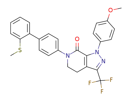 Molecular Structure of 952040-77-6 (1-(4-methoxy-phenyl)-6-(2'-methylsulfanyl-biphenyl-4-yl)-3-trifluoromethyl-1,4,5,6-tetrahydro-pyrazolo[3,4-<i>c</i>]pyridin-7-one)