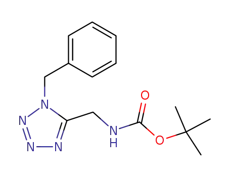 Molecular Structure of 486402-88-4 (Carbamic acid, [[1-(phenylmethyl)-1H-tetrazol-5-yl]methyl]-,
1,1-dimethylethyl ester)