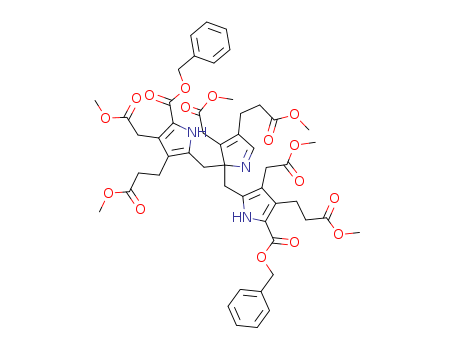 Molecular Structure of 114091-98-4 (1H-Pyrrole-3-propanoic acid,
4-(2-methoxy-2-oxoethyl)-2-[[3-(2-methoxy-2-oxoethyl)-2-[[3-(2-methoxy-
2-oxoethyl)-4-(3-methoxy-3-oxopropyl)-5-[(phenylmethoxy)carbonyl]-1H-
pyrrol-2-yl]methyl]-4-(3-methoxy-3-oxopropyl)-2H-pyrrol-2-yl]methyl]-5-[(
phenylmethoxy)carbonyl]-, methyl ester)