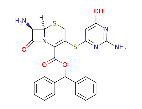 Molecular Structure of 250597-80-9 ((6R,7R)-7-Amino-3-(2-amino-6-hydroxy-pyrimidin-4-ylsulfanyl)-8-oxo-5-thia-1-aza-bicyclo[4.2.0]oct-2-ene-2-carboxylic acid benzhydryl ester)