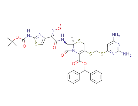 (6R,7R)-7-{2-(2-tert-Butoxycarbonylamino-thiazol-4-yl)-2-[(Z)-methoxyimino]-acetylamino}-3-(2,6-diamino-pyrimidin-4-ylsulfanylmethylsulfanyl)-8-oxo-5-thia-1-aza-bicyclo[4.2.0]oct-2-ene-2-carboxylic acid benzhydryl ester