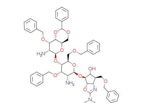 Molecular Structure of 186041-06-5 (.beta.-D-Allopyranoside, (3aS,4R,5R,6S,6aS)-2-(dimethylamino)-3a,5,6,6a-tetrahydro-5-hydroxy-4-(phenylmethoxy)methyl-4H-cyclopentoxazol-6-yl 2-amino-4-O-2-amino-2-deoxy-3-O-(phenylmethyl)-4,6-O-(phenylmethylene)-.beta.-D-allopyranosyl-2-deoxy-3,6-bis-O-(p)