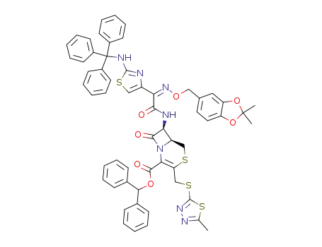 (6S,7S)-7-{2-[(Z)-2,2-Dimethyl-benzo[1,3]dioxol-5-ylmethoxyimino]-2-[2-(trityl-amino)-thiazol-4-yl]-acetylamino}-3-(5-methyl-[1,3,4]thiadiazol-2-ylsulfanylmethyl)-8-oxo-4-thia-1-aza-bicyclo[4.2.0]oct-2-ene-2-carboxylic acid benzhydryl ester