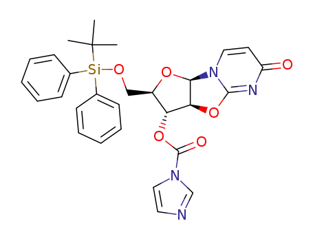 Molecular Structure of 185022-13-3 (Imidazole-1-carboxylic acid (2R,3R,3aS,9aR)-2-(tert-butyl-diphenyl-silanyloxymethyl)-6-oxo-2,3,3a,9a-tetrahydro-6H-furo[2',3':4,5]oxazolo[3,2-a]pyrimidin-3-yl ester)