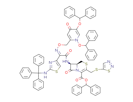 (6S,7S)-7-{2-[(Z)-1,5-Bis-benzhydryloxy-4-oxo-1,4-dihydro-pyridin-2-ylmethoxyimino]-2-[2-(trityl-amino)-thiazol-4-yl]-acetylamino}-8-oxo-3-([1,2,3]thiadiazol-5-ylsulfanylmethyl)-4-thia-1-aza-bicyclo[4.2.0]oct-2-ene-2-carboxylic acid benzhydryl ester