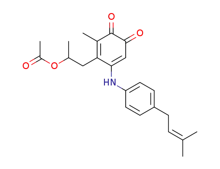 Molecular Structure of 235086-03-0 (acetic acid 1-methyl-2-{2-methyl-6-[4-(3-methyl-but-2-enyl)-phenylamino]-3,4-dioxo-cyclohexa-1,5-dienyl}-ethyl ester)