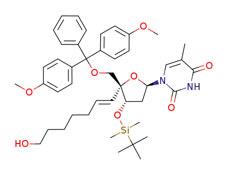 Molecular Structure of 172280-73-8 (1-[(2R,4S,5R)-5-[Bis-(4-methoxy-phenyl)-phenyl-methoxymethyl]-4-(tert-butyl-dimethyl-silanyloxy)-5-((E)-7-hydroxy-hept-1-enyl)-tetrahydro-furan-2-yl]-5-methyl-1H-pyrimidine-2,4-dione)