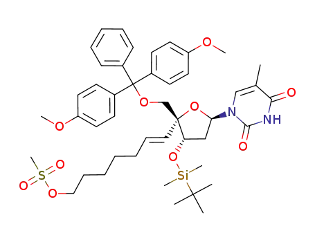 Molecular Structure of 172280-75-0 (Methanesulfonic acid (E)-7-[(2R,3S,5R)-2-[bis-(4-methoxy-phenyl)-phenyl-methoxymethyl]-3-(tert-butyl-dimethyl-silanyloxy)-5-(5-methyl-2,4-dioxo-3,4-dihydro-2H-pyrimidin-1-yl)-tetrahydro-furan-2-yl]-hept-6-enyl ester)