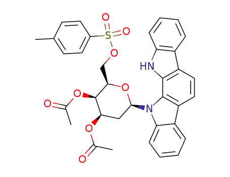 Molecular Structure of 160137-70-2 (Acetic acid (2R,3R,4R,6R)-3-acetoxy-6-(12H-11,12-diaza-indeno[2,1-a]fluoren-11-yl)-2-(toluene-4-sulfonyloxymethyl)-tetrahydro-pyran-4-yl ester)