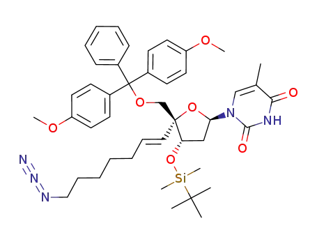 Molecular Structure of 172280-74-9 (1-[(2R,4S,5R)-5-((E)-7-Azido-hept-1-enyl)-5-[bis-(4-methoxy-phenyl)-phenyl-methoxymethyl]-4-(tert-butyl-dimethyl-silanyloxy)-tetrahydro-furan-2-yl]-5-methyl-1H-pyrimidine-2,4-dione)