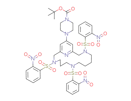 Molecular Structure of 215164-35-5 (4-[3,7,12-Tris-(2-nitro-benzenesulfonyl)-3,7,12,18-tetraaza-bicyclo[12.3.1]octadeca-1<sup>(17)</sup>,14<sup>(18)</sup>,15-trien-16-yl]-piperazine-1-carboxylic acid tert-butyl ester)