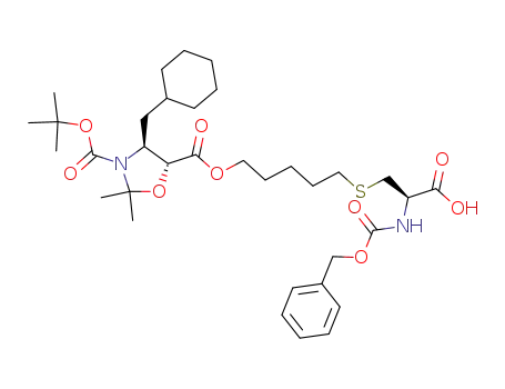 Molecular Structure of 155381-84-3 ((4S,5R)-4-Cyclohexylmethyl-2,2-dimethyl-oxazolidine-3,5-dicarboxylic acid 5-[5-((R)-2-benzyloxycarbonylamino-2-carboxy-ethylsulfanyl)-pentyl] ester 3-tert-butyl ester)