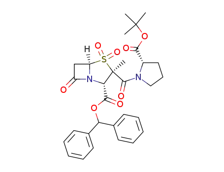 Molecular Structure of 189286-10-0 ((2S,3R,5R)-3-((S)-2-tert-Butoxycarbonyl-pyrrolidine-1-carbonyl)-3-methyl-4,4,7-trioxo-4λ<sup>6</sup>-thia-1-aza-bicyclo[3.2.0]heptane-2-carboxylic acid benzhydryl ester)