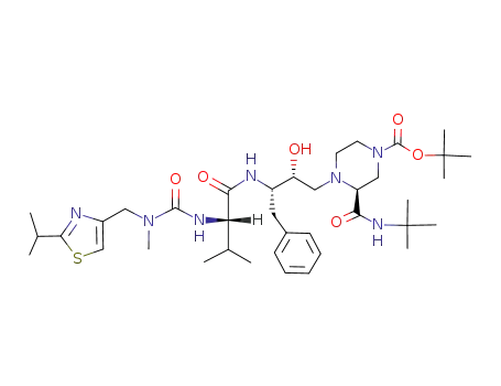 Molecular Structure of 251112-23-9 ((S)-3-tert-Butylcarbamoyl-4-((2R,3S)-2-hydroxy-3-{(S)-2-[3-(2-isopropyl-thiazol-4-ylmethyl)-3-methyl-ureido]-3-methyl-butyrylamino}-4-phenyl-butyl)-piperazine-1-carboxylic acid tert-butyl ester)