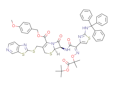 Molecular Structure of 159635-96-8 ((6R,7R)-7-{2-[(Z)-1-tert-Butoxycarbonyl-1-methyl-ethoxyimino]-2-[2-(trityl-amino)-thiazol-4-yl]-acetylamino}-8-oxo-3-(thiazolo[5,4-c]pyridin-2-ylsulfanylmethyl)-5-thia-1-aza-bicyclo[4.2.0]oct-2-ene-2-carboxylic acid 4-methoxy-benzyl ester)