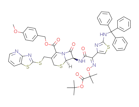 Molecular Structure of 159635-92-4 ((6R,7R)-7-{2-[(Z)-1-tert-Butoxycarbonyl-1-methyl-ethoxyimino]-2-[2-(trityl-amino)-thiazol-4-yl]-acetylamino}-8-oxo-3-(thiazolo[4,5-b]pyridin-2-ylsulfanylmethyl)-5-thia-1-aza-bicyclo[4.2.0]oct-2-ene-2-carboxylic acid 4-methoxy-benzyl ester)