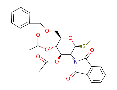 Molecular Structure of 110089-11-7 (Acetic acid (2R,3S,4R,5R,6S)-3-acetoxy-2-benzyloxymethyl-5-(1,3-dioxo-1,3-dihydro-isoindol-2-yl)-6-methylsulfanyl-tetrahydro-pyran-4-yl ester)